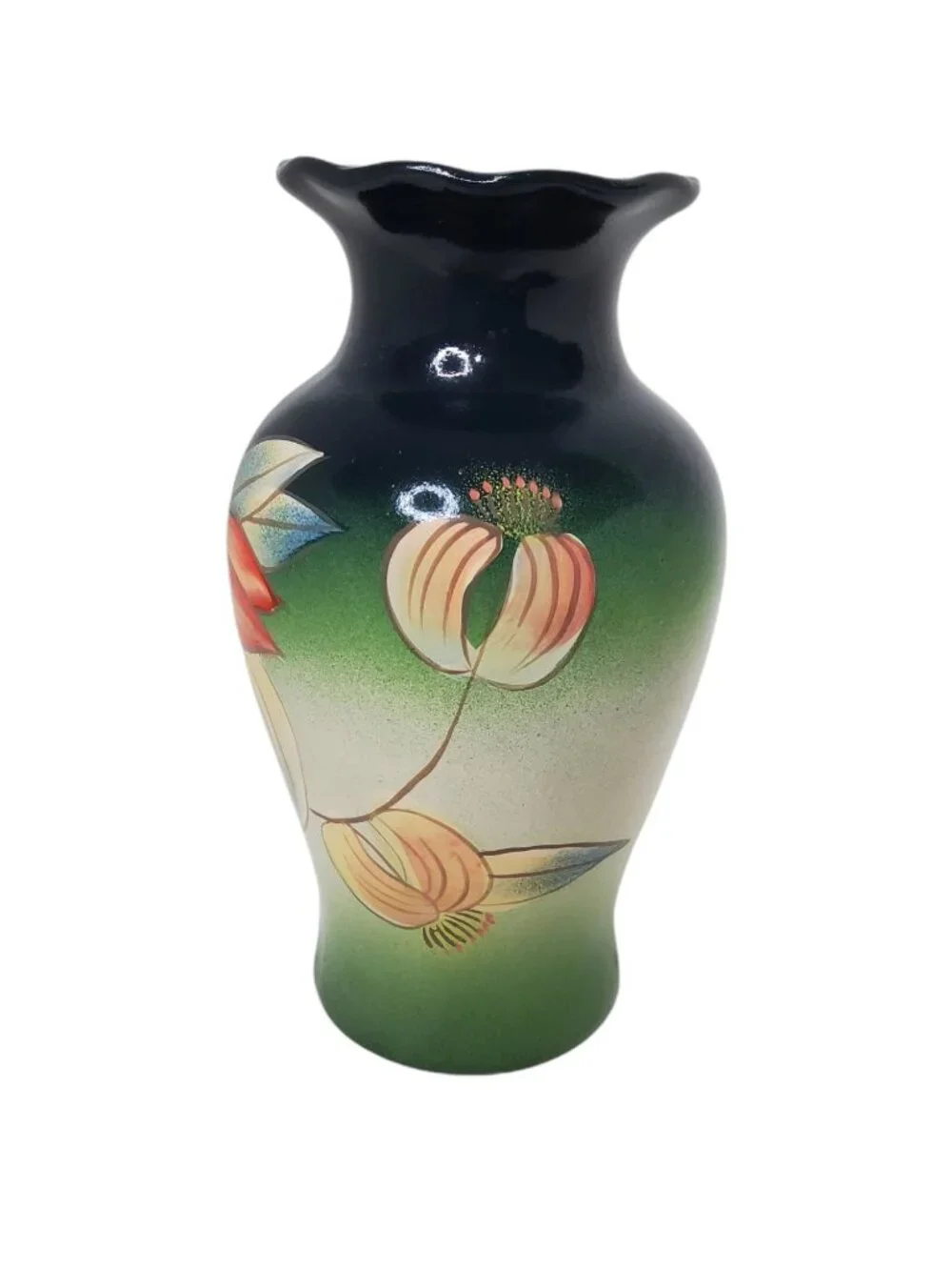 Vintage Hand - Painted Orchid Floral Clay Art Nouveau Vase